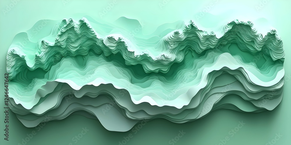 Poster a stunning abstract representation of layered waves in various shades of mint green, creating a tran