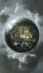 Naklejka premium Spherical city at night amidst cloudy sky, ideal for sci-fi or fantasy projects