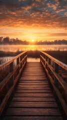 Obraz premium A wooden bridge leading to the sunrise over an open field, symbolizing hope and new beginnings 