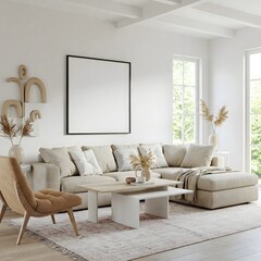 Frame mockup, ISO A paper size. Living room wall poster mockup. Interior mockup with house background. Modern interior design. 3D render