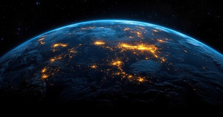 Obraz premium Earth from Space with Illuminated Continents and City Lights Europe and Middle East Highlighted