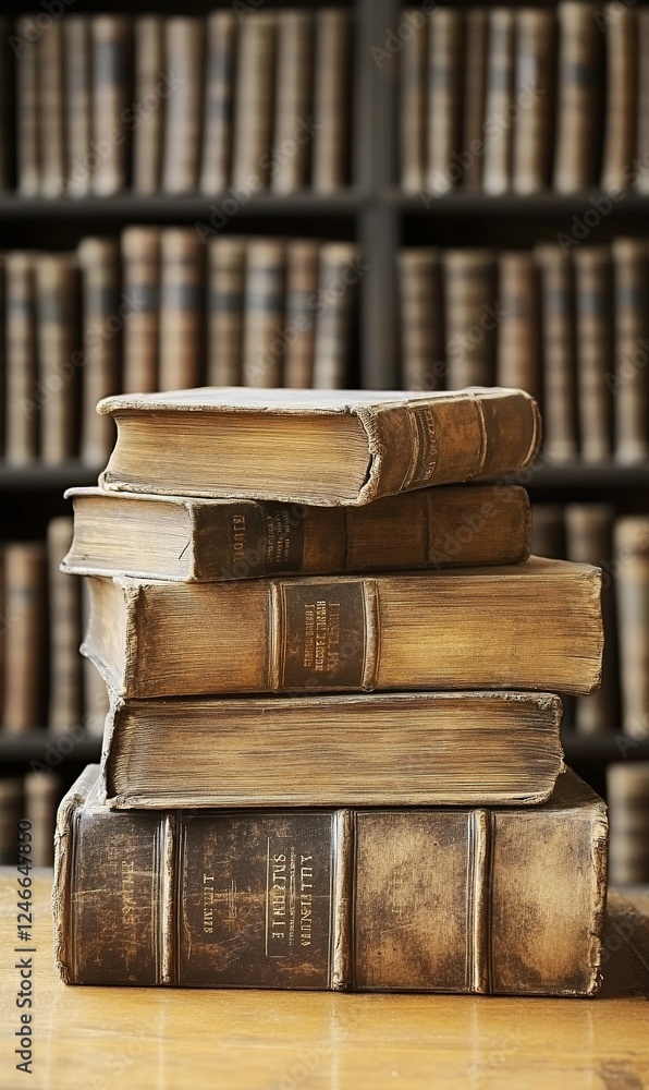 Aufkleber stack of antique books on library table with bookshelf background