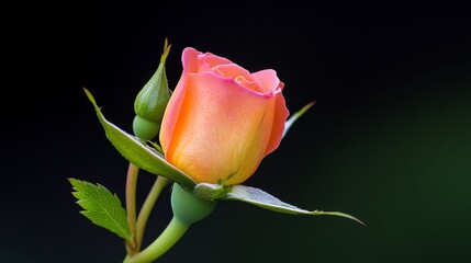 A close-up view of a vibrant pink and orange rosebud with green leaves against a dark background