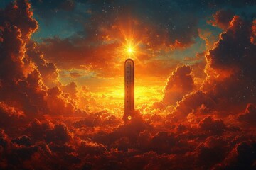 Obraz premium Vibrant Sunset with Thermometer in Warm Golden and Orange Sky