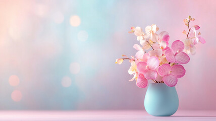 beautiful arrangement of pink and white orchids in light blue vase, set against soft pastel background. delicate flowers create serene and calming atmosphere