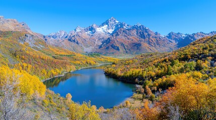 Autumnal lake nestled in Caucasus mountains