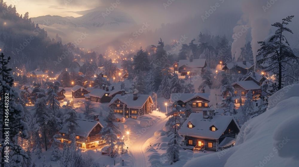 Aufkleber snow covered houses and pine trees create a tranquil winter atmosphere. soft lights from windows ill