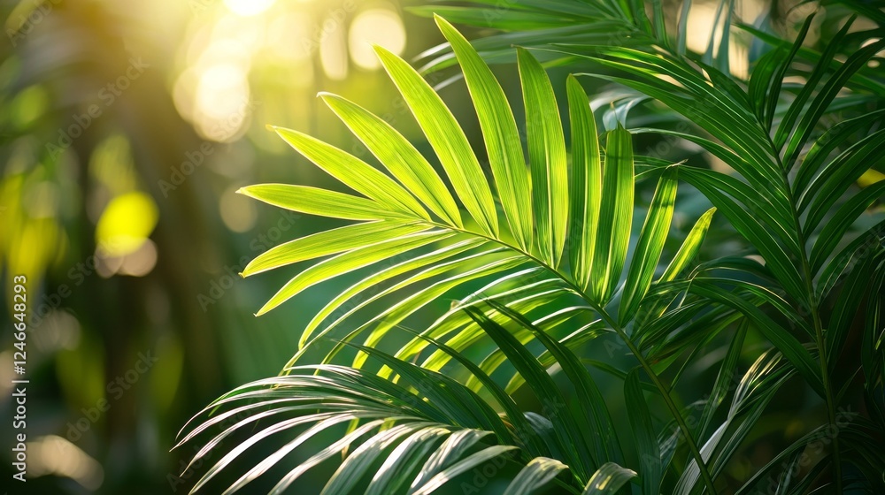 Poster sunlight filters through vibrant green leaves, illuminating their texture and form. the blurred back