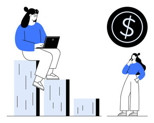 Two women discuss financial growth. One seated on bar graph with laptop, another standing with hand on chin by dollar sign. Ideal for investment, finance, growth, technology, analytics, business