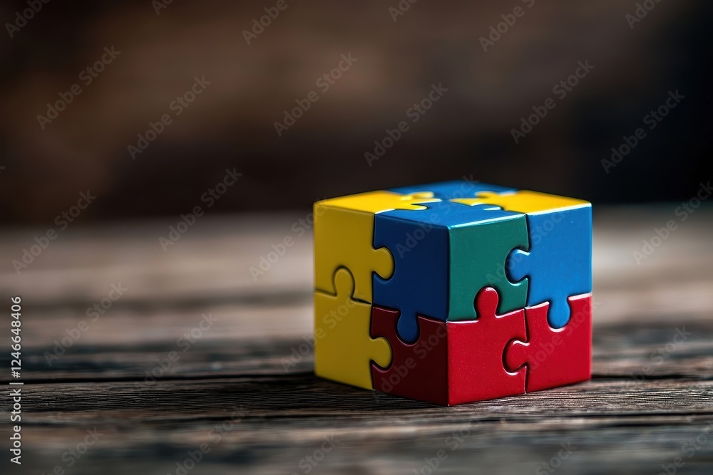 Poster autism spectrum disorder. colorful puzzle cube on a wooden surface, symbolizing problem-solving and 