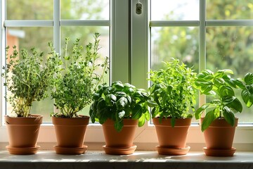 Fototapeta premium Basil, thyme, oregano and rosemary on windowsill