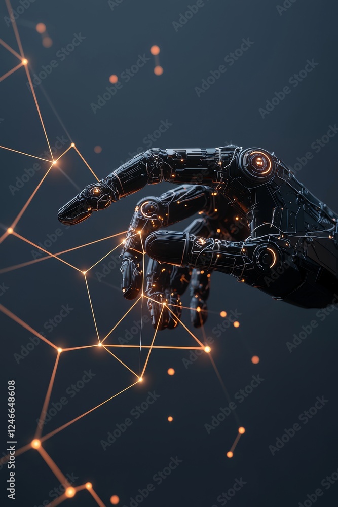 Aufkleber the image depicts an ai or android's hand engaging with an abstract network, presented in a high-res