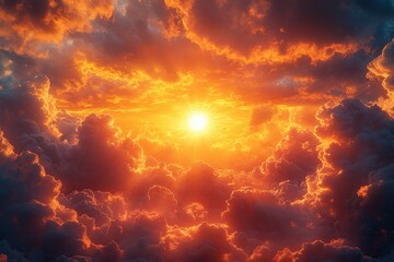 Fototapeta premium Sunset Sky with Glowing Sun and Fluffy Clouds in Radiant Orange and Gold Hues