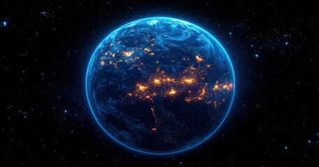Earth from Space Digital Illustration of Europe City Lights Neon Borders Political Borders 2025 Cyberpunk Style