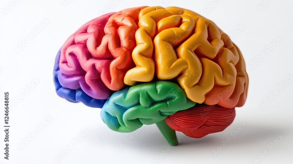 Poster autism spectrum disorder. colorful brain model showcasing intricate neural pathways and regions.