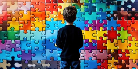 Autism spectrum disorder. A child stands before a vibrant, colorful puzzle wall, deep in thought.