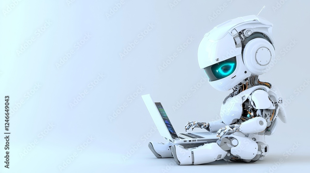 Aufkleber a charming and friendly stock robot utilizing a laptop computer with a white neon glow, featured on 