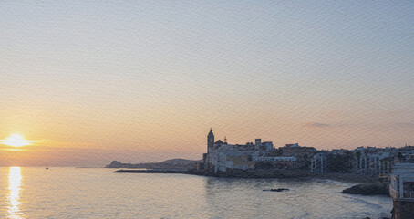 Beautiful sunset over the ocean with a small town in the background