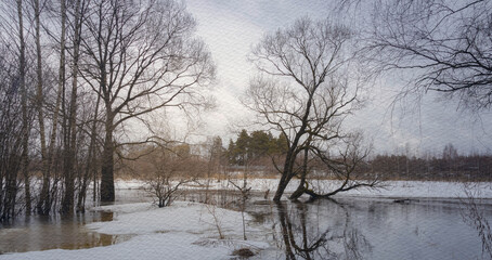 Snowy landscape with a tree that is leaning over and a body of water