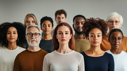 Diverse Group of Individuals Standing Together Expressing Unity and Strength in a Neutral Setting