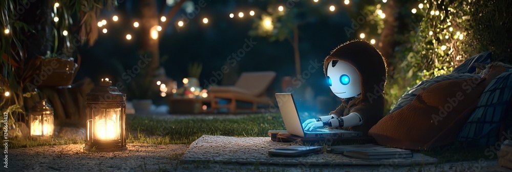 Aufkleber cute and friendly stock robot using a laptop computer with a purple neon glow, symbolizing a chatbot