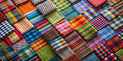 Aerial View of Colorful Plaid Textile Swatches Arranged in Geometric Patterns