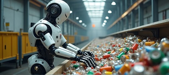 Humanoid Robot Sorting Recyclables in Modern Waste Management Facility