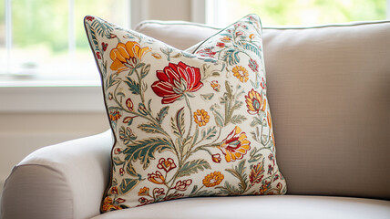 Embroidered floral pillow on light sofa, adding touch of elegance and comfort to living space. vibrant colors enhance cozy atmosphere