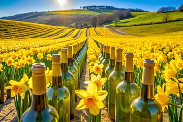 Aerial View of Daffodils Blooming in Vintage Wine Bottles
