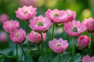 pink astrantia flowers blooming vibrantly in a lush garden surrounded by rich green foliage evoking a sense of tranquility and natural beauty