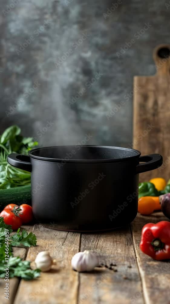 Aufkleber steam rising from a black pot on a rustic wooden kitchen table surrounded by fresh colorful vegetabl