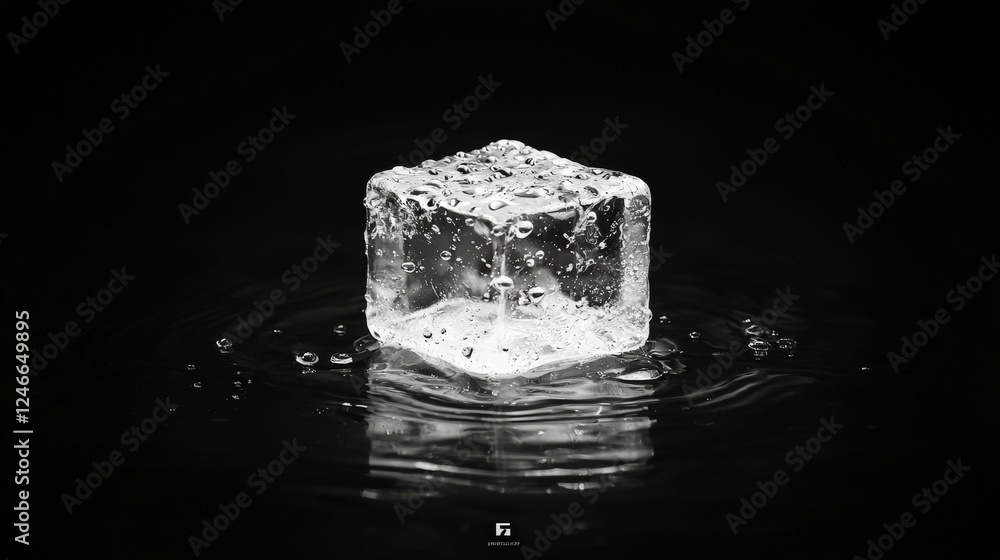 Aufkleber melting ice cube with water droplets in close-up view against a dark background for creative project