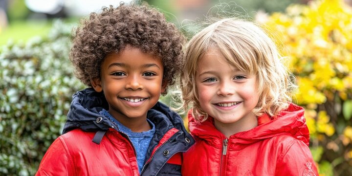 Two joyful children stand side by side in a colorful garden, wearing red jackets. They display wide smiles against a backdrop of blooming flowers and lush greenery