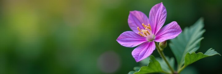 Purple flower with green leaves on a stem, in full bloom, blossoms, nature, flowers