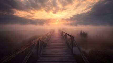 Obraz premium A wooden bridge leading to the sunrise over an open field, symbolizing hope and new beginnings 