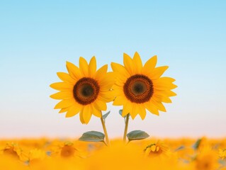 Obraz premium Two Tall Sunflowers Standing Together Against a Clear Blue Sky in a Vibrant Field of Yellow Blooms