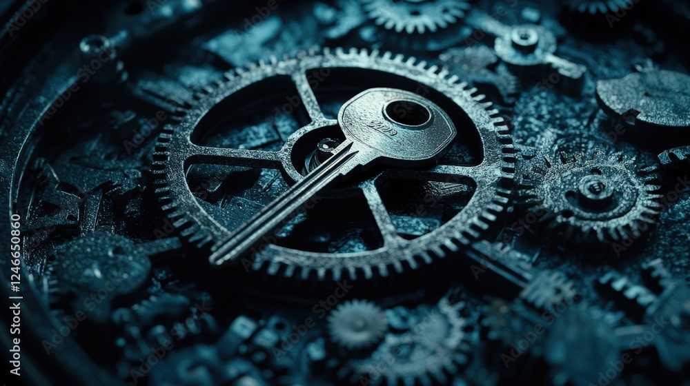 Aufkleber metal key turning in a lock surrounded by intricate gears and mechanical components in a close-up vi