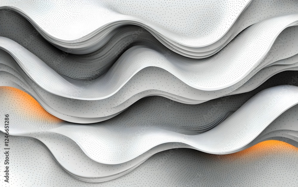 Poster abstract depiction of flowing, textured waves in shades of grey and soft orange creating a modern, d