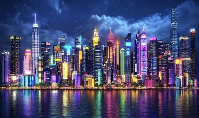 Vibrant cityscape at night reflected in calm water under cloudy, starry sky