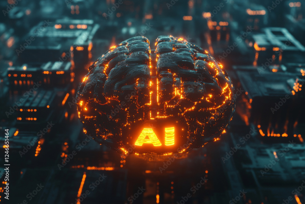 Poster futuristic illustration of glowing digital brain with interconnected artificial intelligence neural 