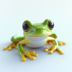 A vibrant green frog with distinctive yellow markings is positioned on a plain surface. Its large eyes and glossy appearance highlight its unique characteristics and charm