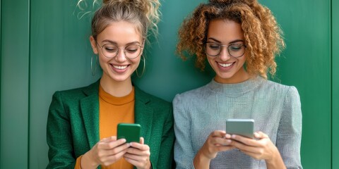 Two young women with distinctive hairstyles check their smartphones, smiling at each other in front of a vibrant green wall. They appear to be engaged and socializing