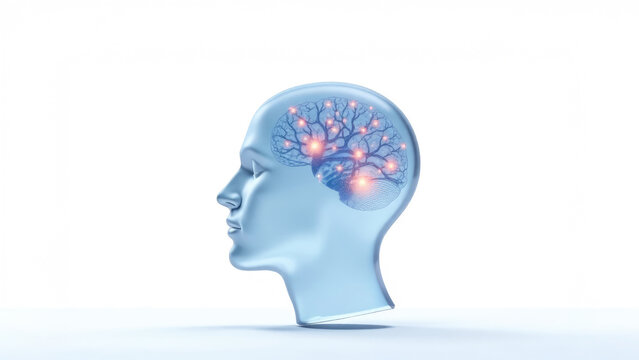 Blue glass human head in profile filled with abstract luminous neural networks, biochemical processes with space for text. Thought process, innovation, artificial intelligence and technology