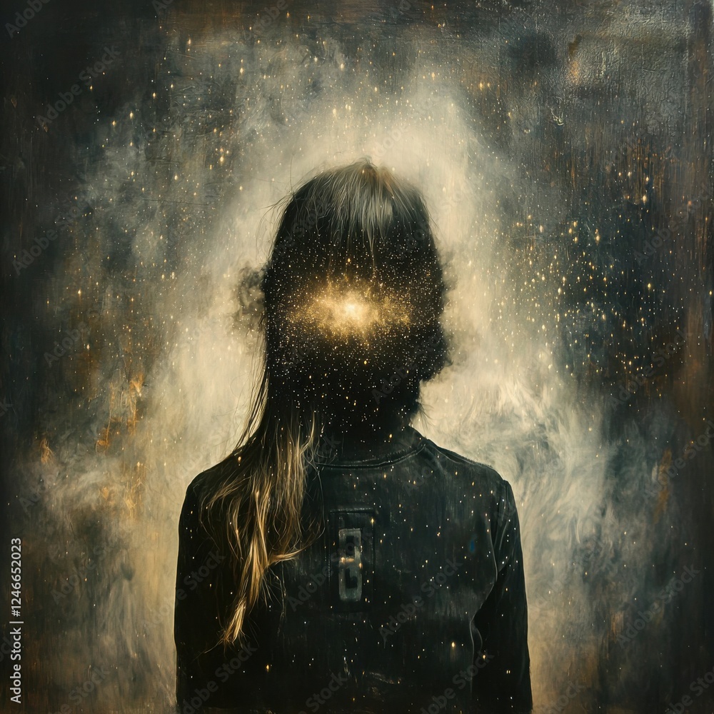 Poster cosmic transformation of identity abstract space digital art surreal environment rear view conceptua