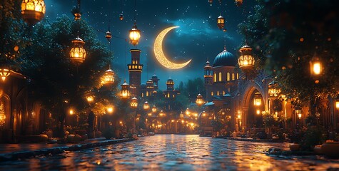 Serene Night Scene with a Crescent Moon Over a Vibrant City, Illuminated Lanterns, and a Calm Waterway Reflecting the Glow

