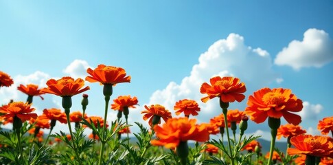 Red marigold flowers in full bloom against a blue sky, orange, marigold
