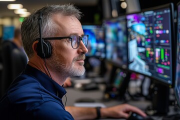 A focused professional analyzes data on multiple screens while wearing a headset in a modern office environment.