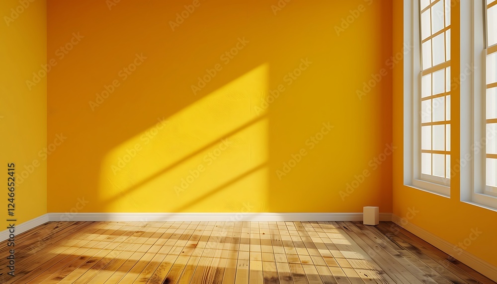 Poster empty room with yellow walls and floor and window with sunlight. 3d rendering