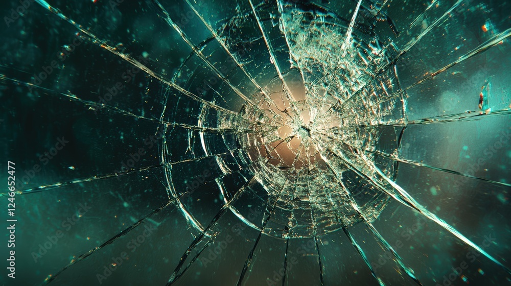 Poster close-up of cracked glass reflecting light with intricate fractures and patterns in an abstract back