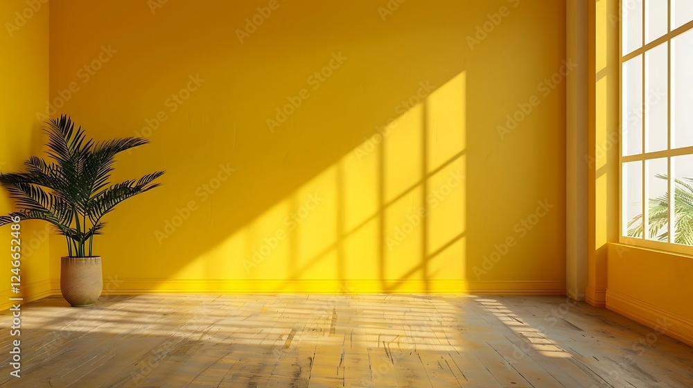 Poster empty room with yellow walls and floor and window with sunlight. 3d rendering